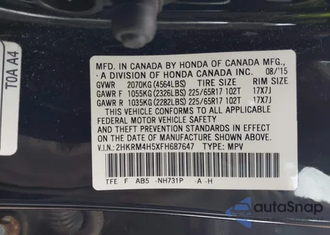 2015 Honda Cr-V Ex from USA, damaged, VIN 2HKRM4H5XFH687647
